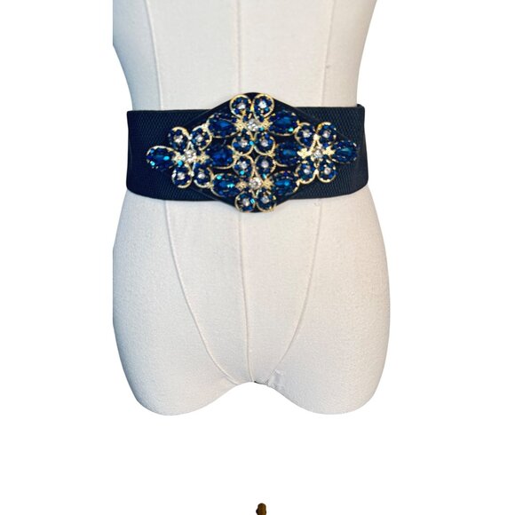 NEW 2/$30 Vintage Style Begonia Blue Rhinestone Floral Stretch Belt Snap Closure - Picture 5 of 8